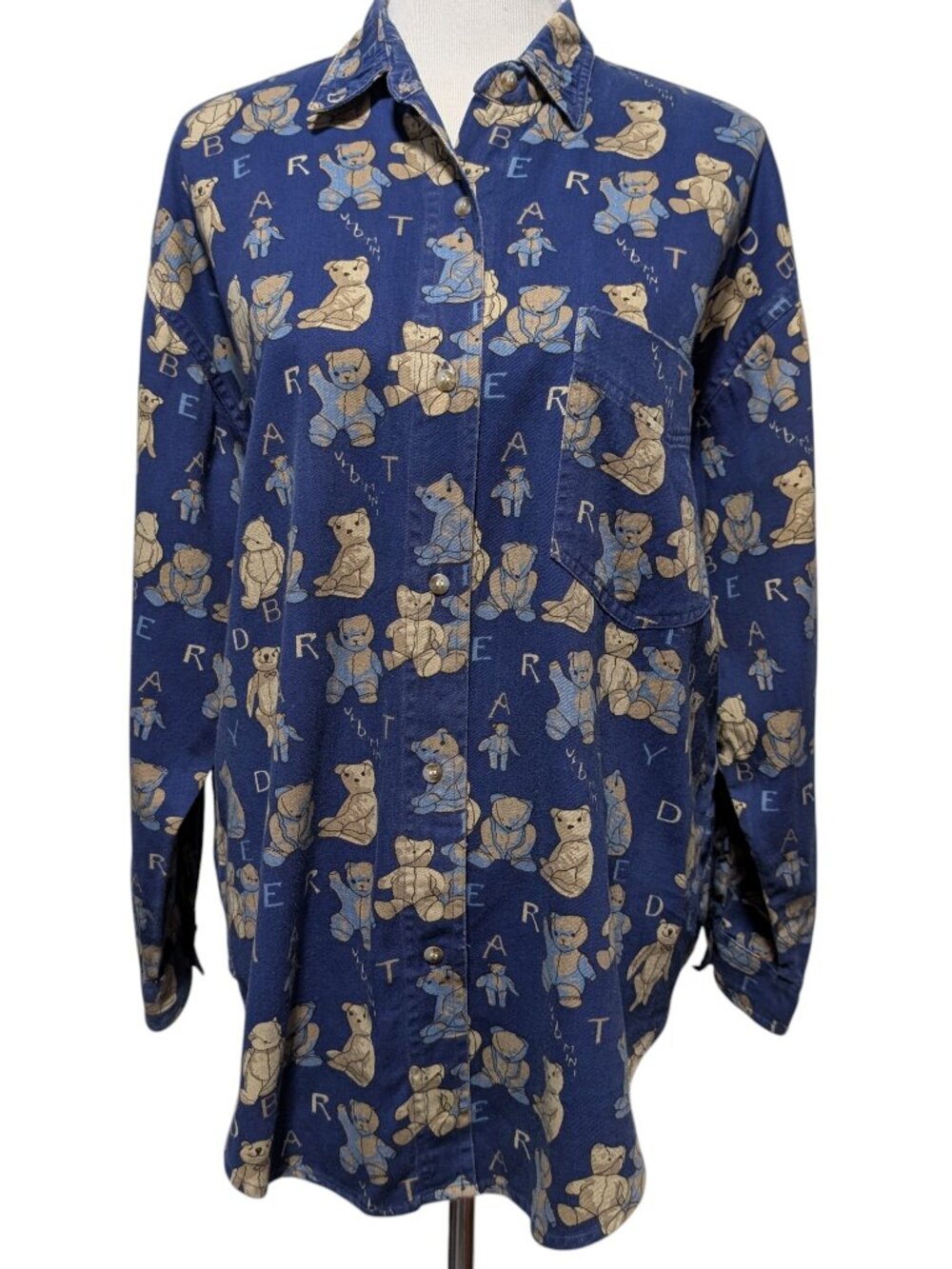 Vintage Quizz NY Womens Size M Blue Teddy Bears Button Long Sleeves Cotton Top
